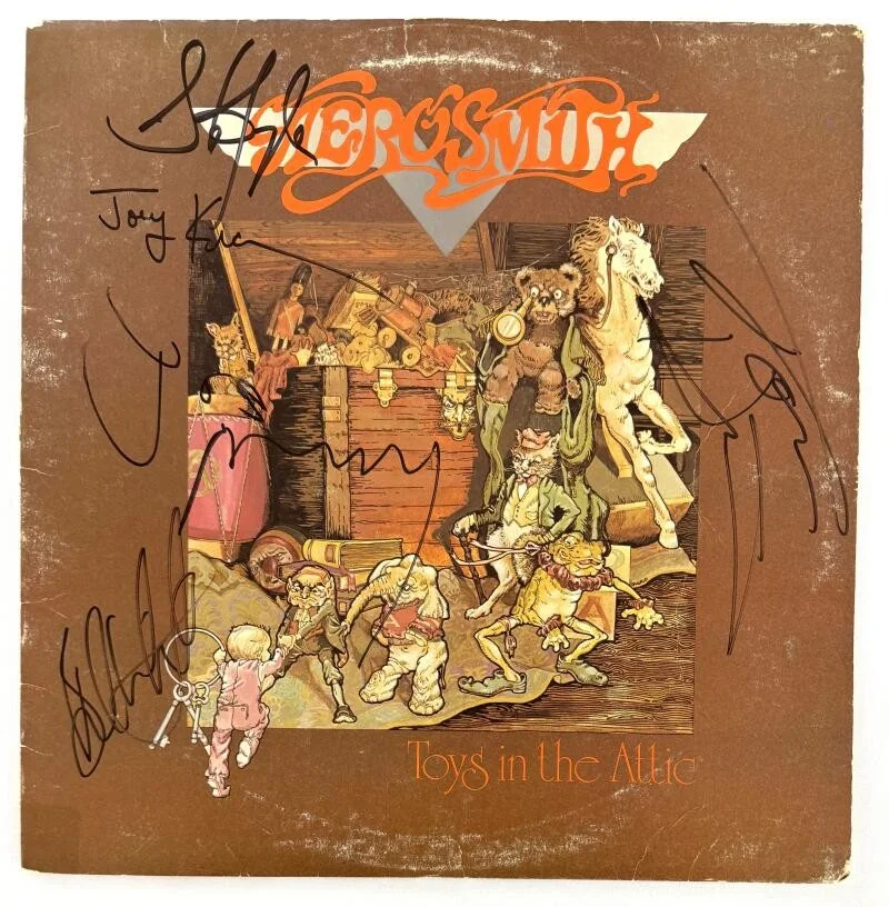 Tom Hamilton, Joey Kramer, Joe Perry, Steven Tyler, Brad Whitford — Aerosmith Full Band x5 Signed Autograph Toys in the Attic Album Record JSA COA