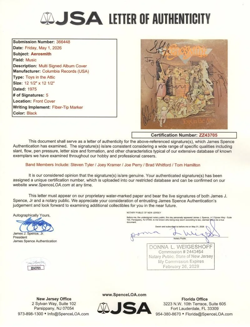 Tom Hamilton, Joey Kramer, Joe Perry, Steven Tyler, Brad Whitford — Aerosmith Full Band x5 Signed Autograph Toys in the Attic Album Record JSA COA, изображение 3