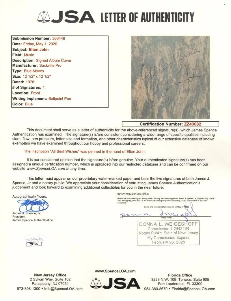 Elton John — Elton John Signed Autograph Blue Moves Album Record w/ Vintage Signature JSA COA, изображение 4