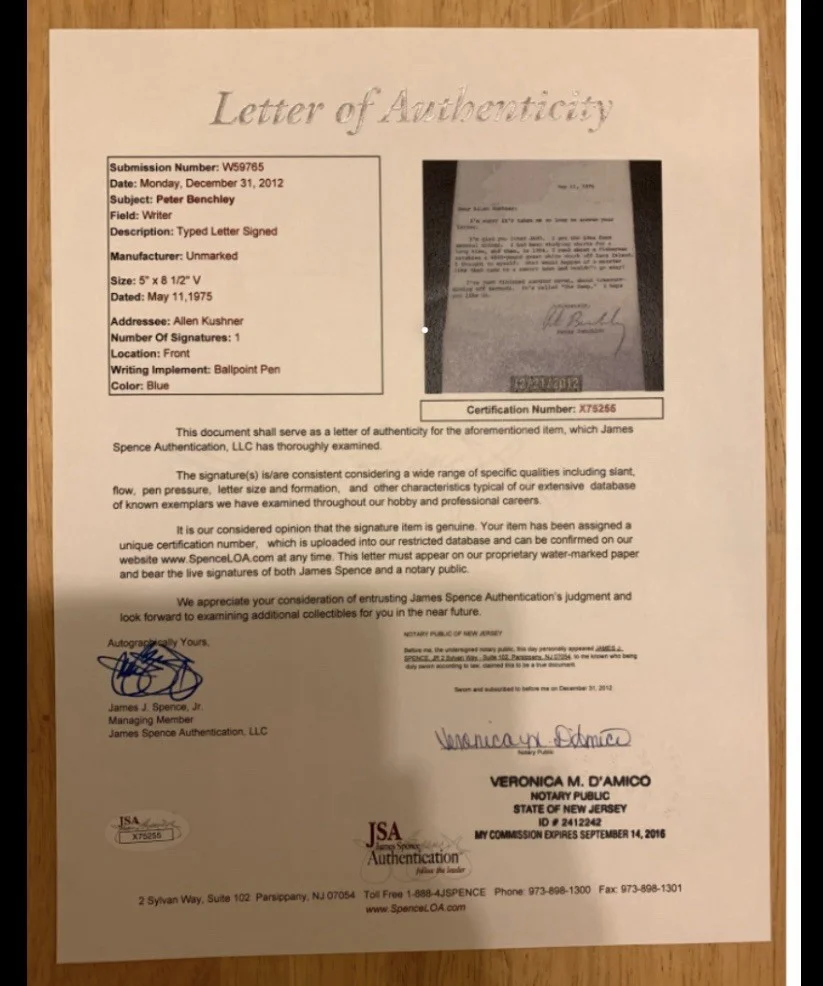 🔥 Peter Benchley Signed JAWS Letter Framed JSA LOA Shark Movie Display, image 2