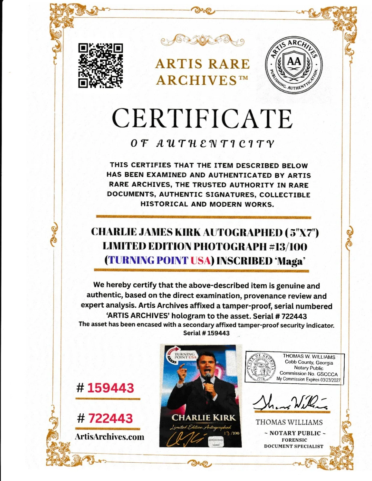 Charlie Kirk — CHARLIE KIRK Signed Autographed Photo (5x7) #13/100 Certificate Of Authenticity, image 2