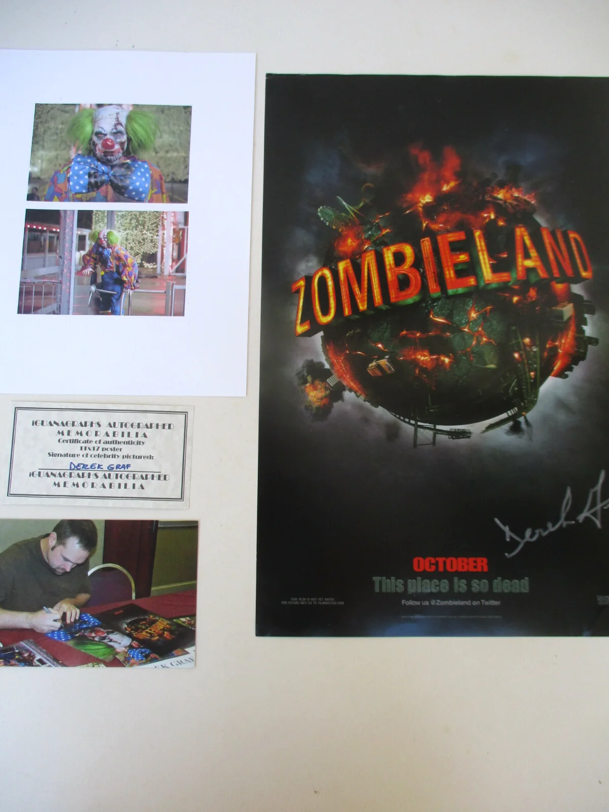 Derek Graf - the green haired clown — Zombieland Movie Poster Signed Clown Zombie Funny Horror Classic Derek Graf COA