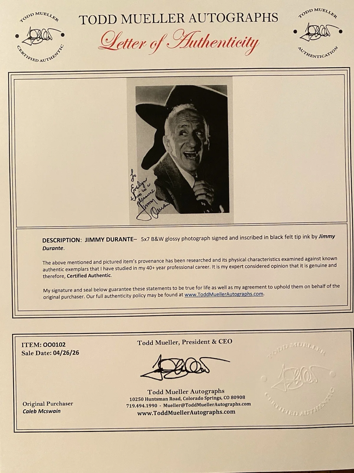 Jimmy Durante — Jimmy Durante Signed Autographed Photo With COA Frosty The Snowman Music For Mil, изображение 5