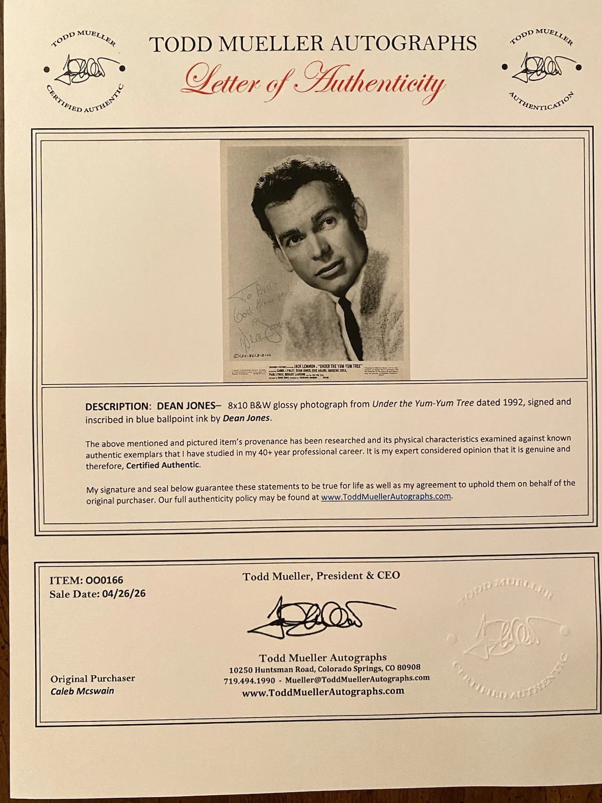 Dean Jones — Dean Jones Signed Autographed 8x10 Photo With COA Under The Yum Yum Tree, image 4