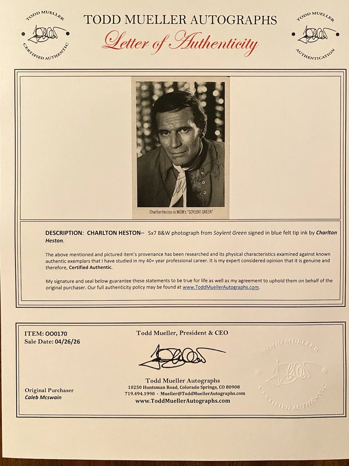 Charlton Heston — Charlton Heston Signed Autographed Vintage Photo With COA Soylent Green, изображение 4