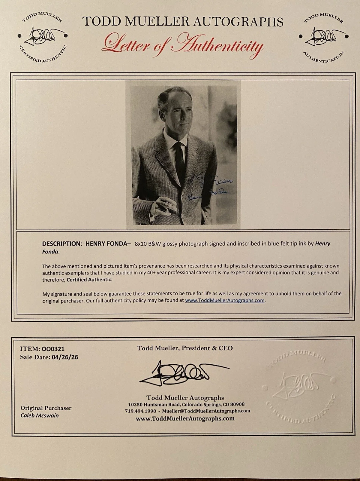 Henry Fonda — Henry Fonda Signed Autographed Photo With COA 12 Angry Men The Grapes Of Wrath, изображение 4