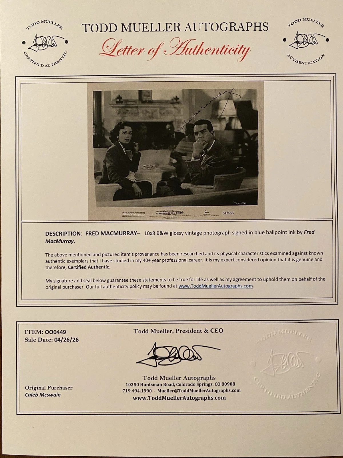Fred MacMurray — Fred MacMurray Signed Autographed Vintage Photo w/ COA A Millionaire For Christy, image 4