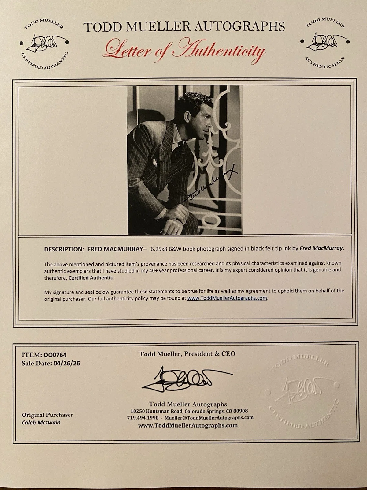 Fred MacMurray — Fred MacMurray Signed Autographed Photo With COA The Absent Minded Professor, изображение 4
