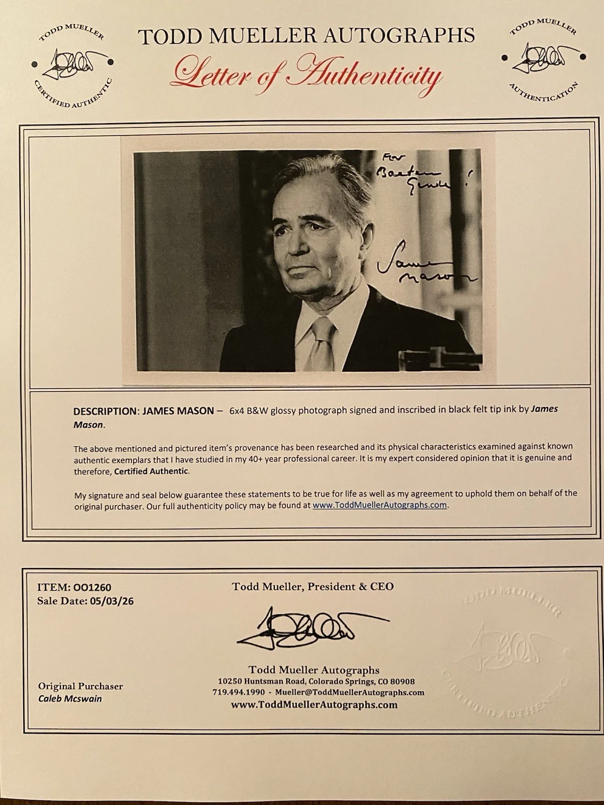 James Mason — James Mason Signed Autographed Photo With COA The Verdict A D Lolita, изображение 4