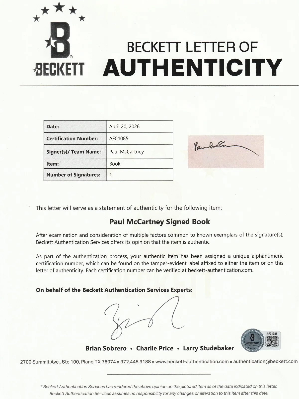 Paul McCartney Near Mint Signed 4x8 Book Page Beatles Beckett BAS, image 2