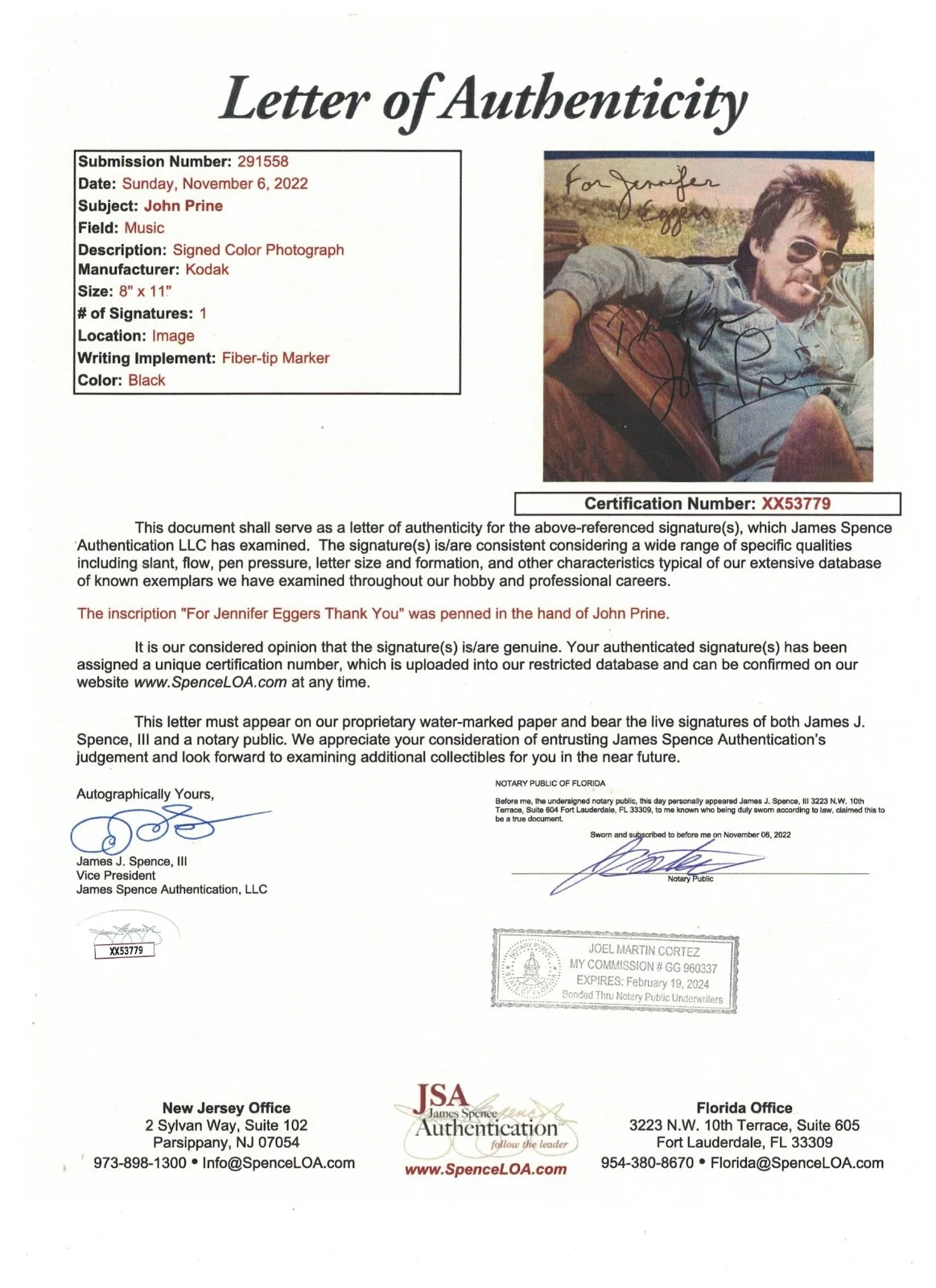 JOHN PRINE JSA Autographed 8X10 Sam Stone Angel From Montgomery JSA LOA not PSA, изображение 3