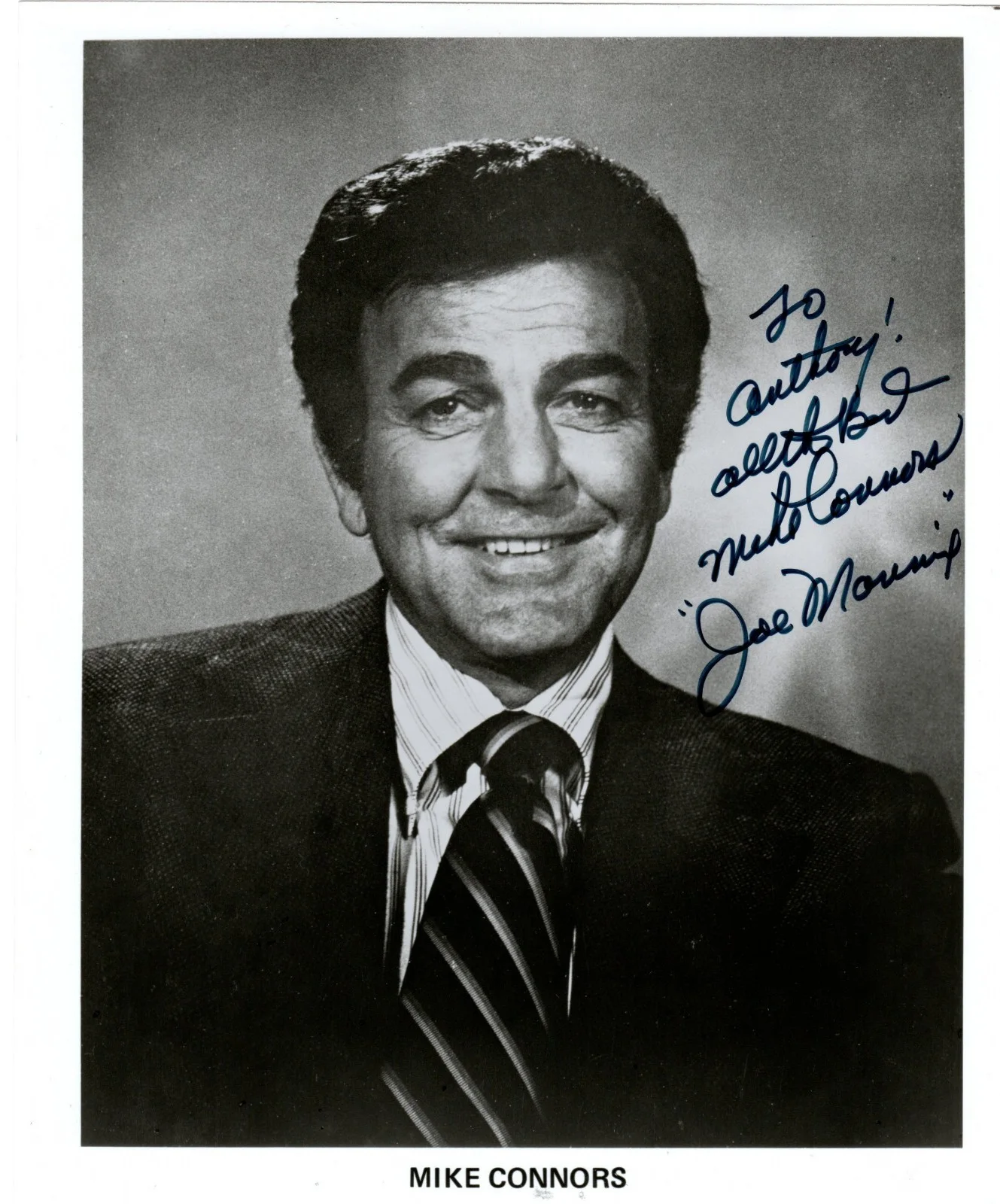 Mike Connors — MIKE CONNORS Autograph Inscribed Signed 1970s MANNIX 8X10 B&W Photo w/ COA B