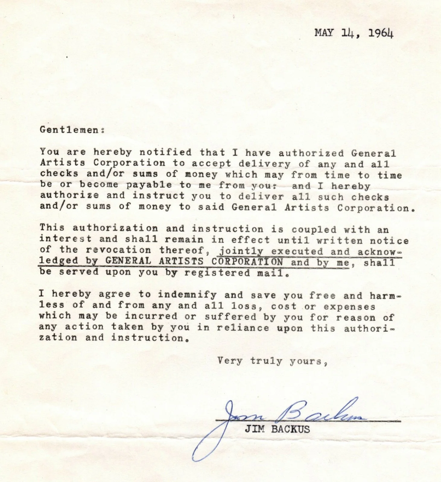 Jim Backus — JIM BACKUS Autograph 1964 Signed Contract w/ COA MR MAGOO GILLIGAN'S ISLAND