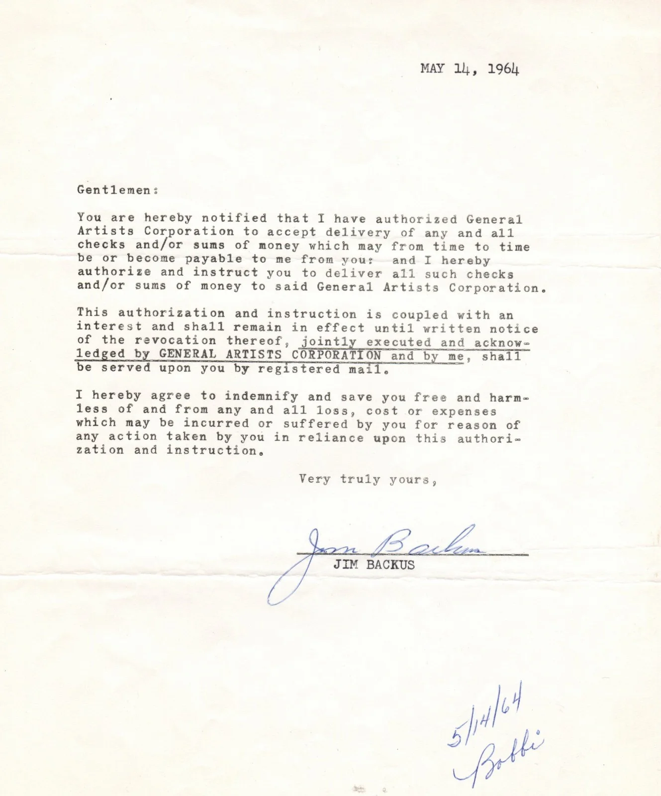 Jim Backus — JIM BACKUS Autograph 1964 Signed Contract w/ COA MR MAGOO GILLIGAN'S ISLAND, изображение 2