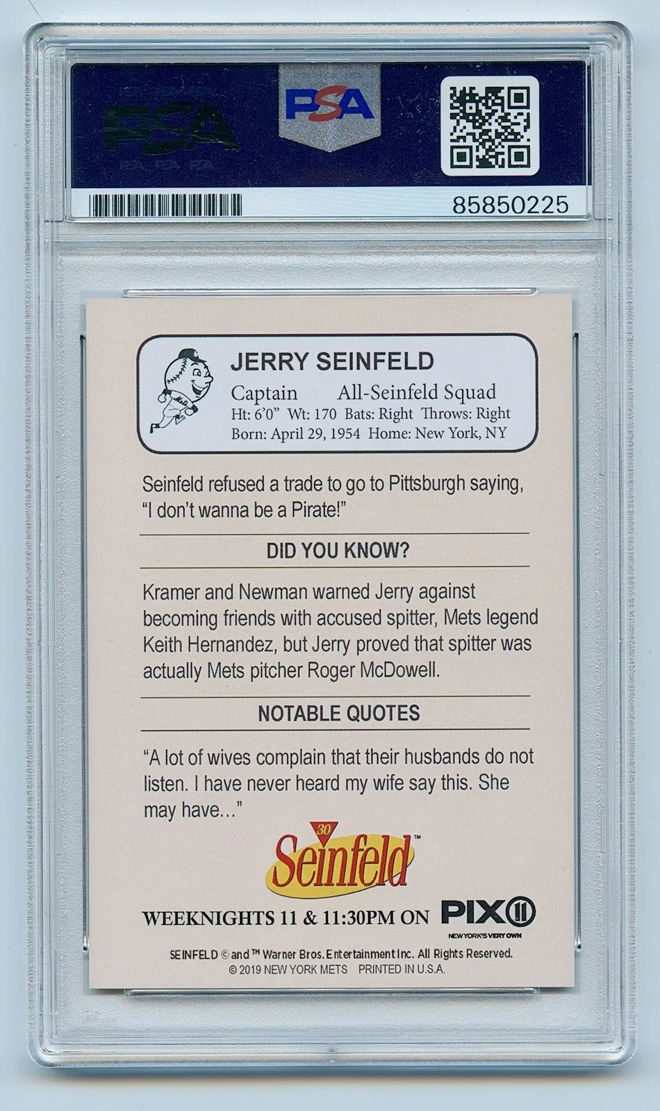 Jerry Seinfeld — Jerry Seinfeld Signed Auto 2019 New York Mets Seinfeld Night Card Psa/Dna Slab, изображение 2