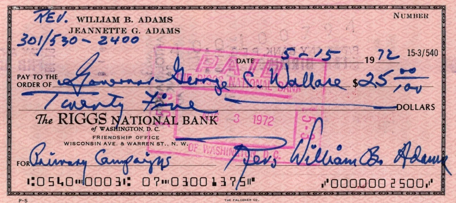 SIGNED GOVERNOR GEORGE C. WALLACE CHECK ENDORSMENT-autograph signature 1972, изображение 2