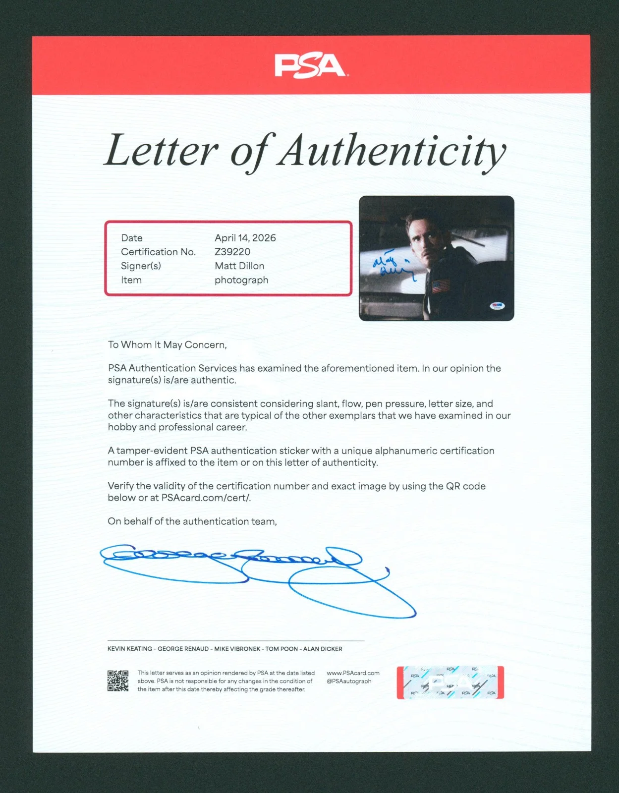 Matt Dillon — Matt Dillon Signed PSA/DNA LOA Autographed 8X10 Armored Photo Auto PSA COA, изображение 3
