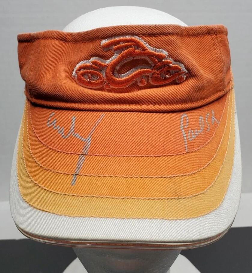 Paul Sr. & Mikey — Orange County Choppers Paul Sr & Mikey hand signed autographed Orange Sun Visor