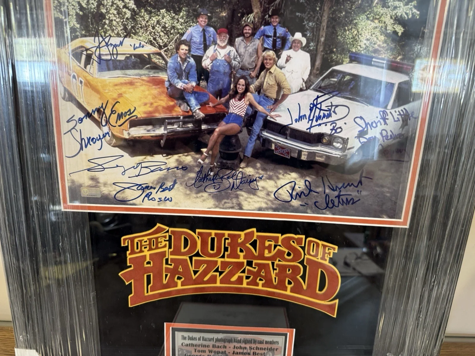 Cathrine, John, George, Ton, Rick, Sonny — THE DUKES OF HAZZARD Autographed Photo Signed By 8 Cast Members Framed w/COA, изображение 3
