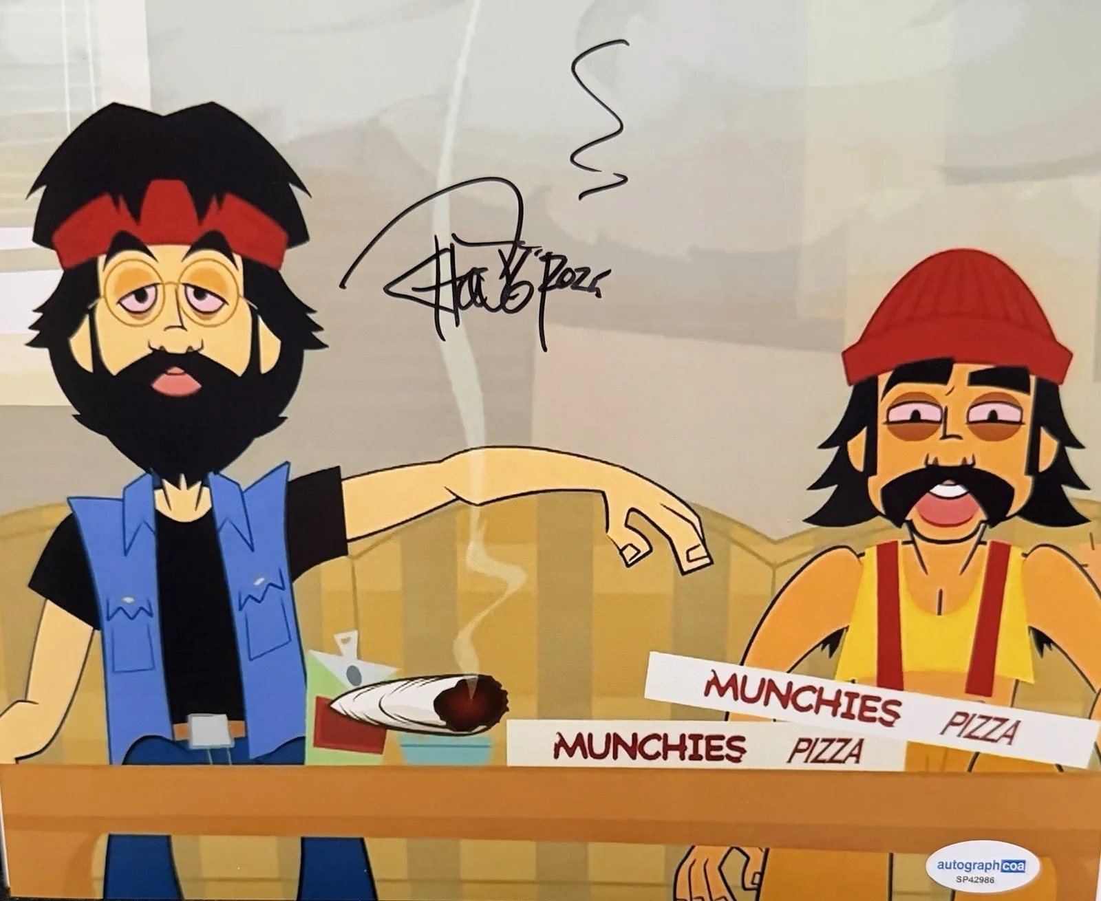 TOMMY CHONG of Cheech & Chong — TOMMY CHONG of Cheech & Chong autographed 8x10 Munchies pizza cartoon photo