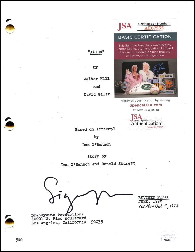 Sigourney Weaver — Sigourney Weaver Signed Autograph Alien Script Screenplay - Ripley w/ JSA COA, image 2