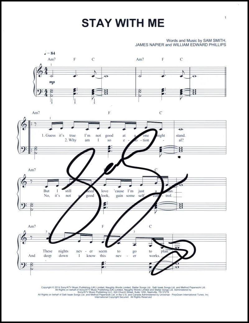 Sam Smith — Sam Smith Signed Autograph Stay With Me Sheet Music - In the Lonely Hour