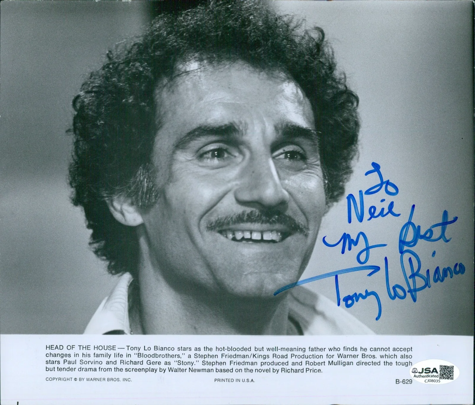 Tony Lo Bianco — Tony Lo Bianco Bloodbrothers Signed 8x9.5 Glossy Promo Photo JSA Authentic Kinks