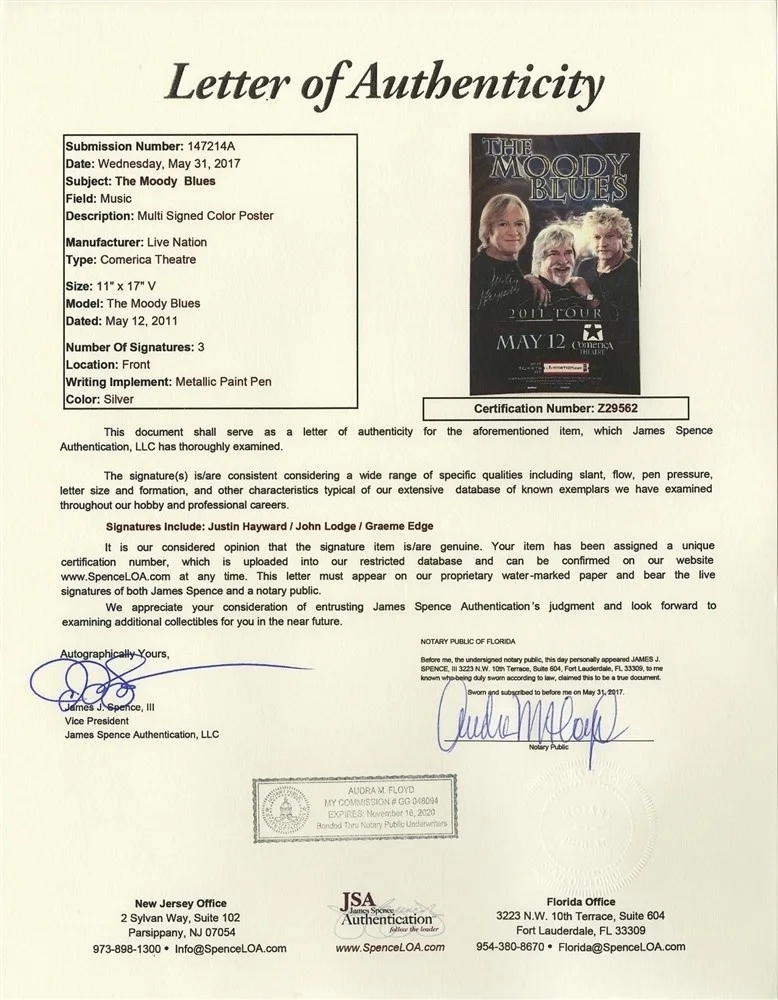 Moody Blues 2011 concert tour signed x3 limited edt autographed GIG poster w/JSA, изображение 2