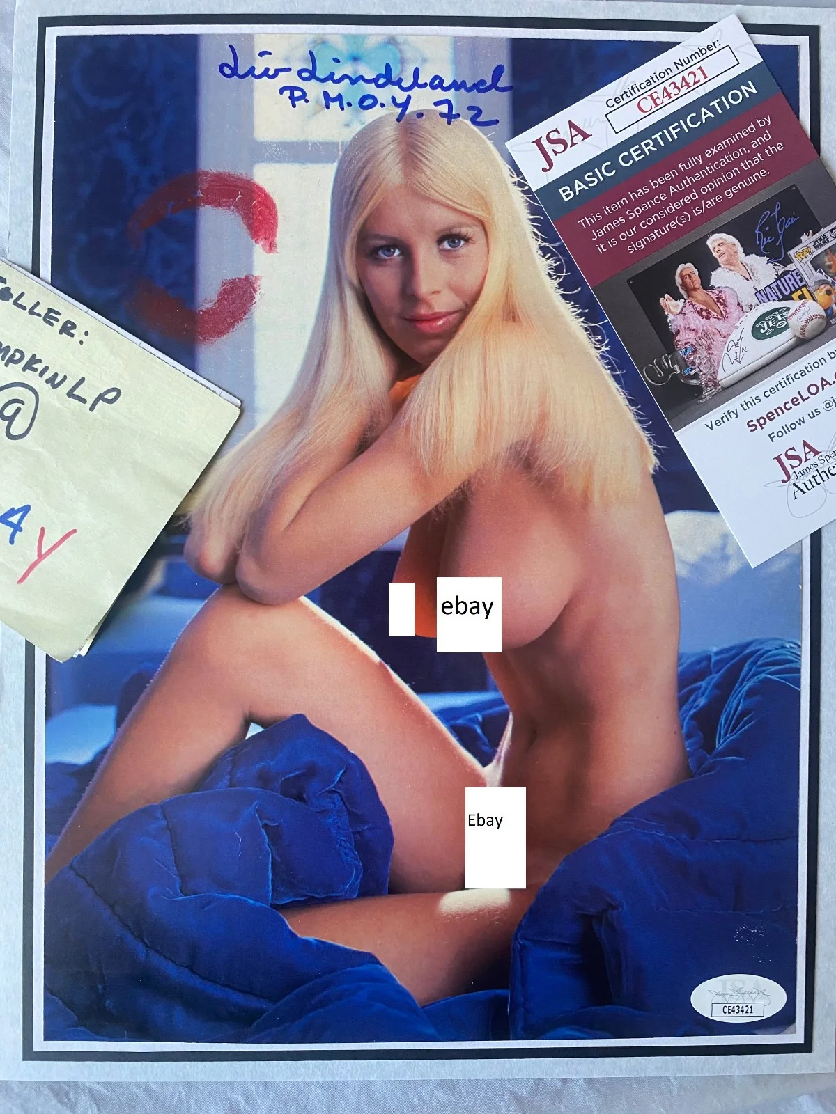Liv Lendeland — RARE Liv Lindeland Signed W/Lipstick Kiss Mark 1972 Playboy Magazine Photo JSA, изображение 4