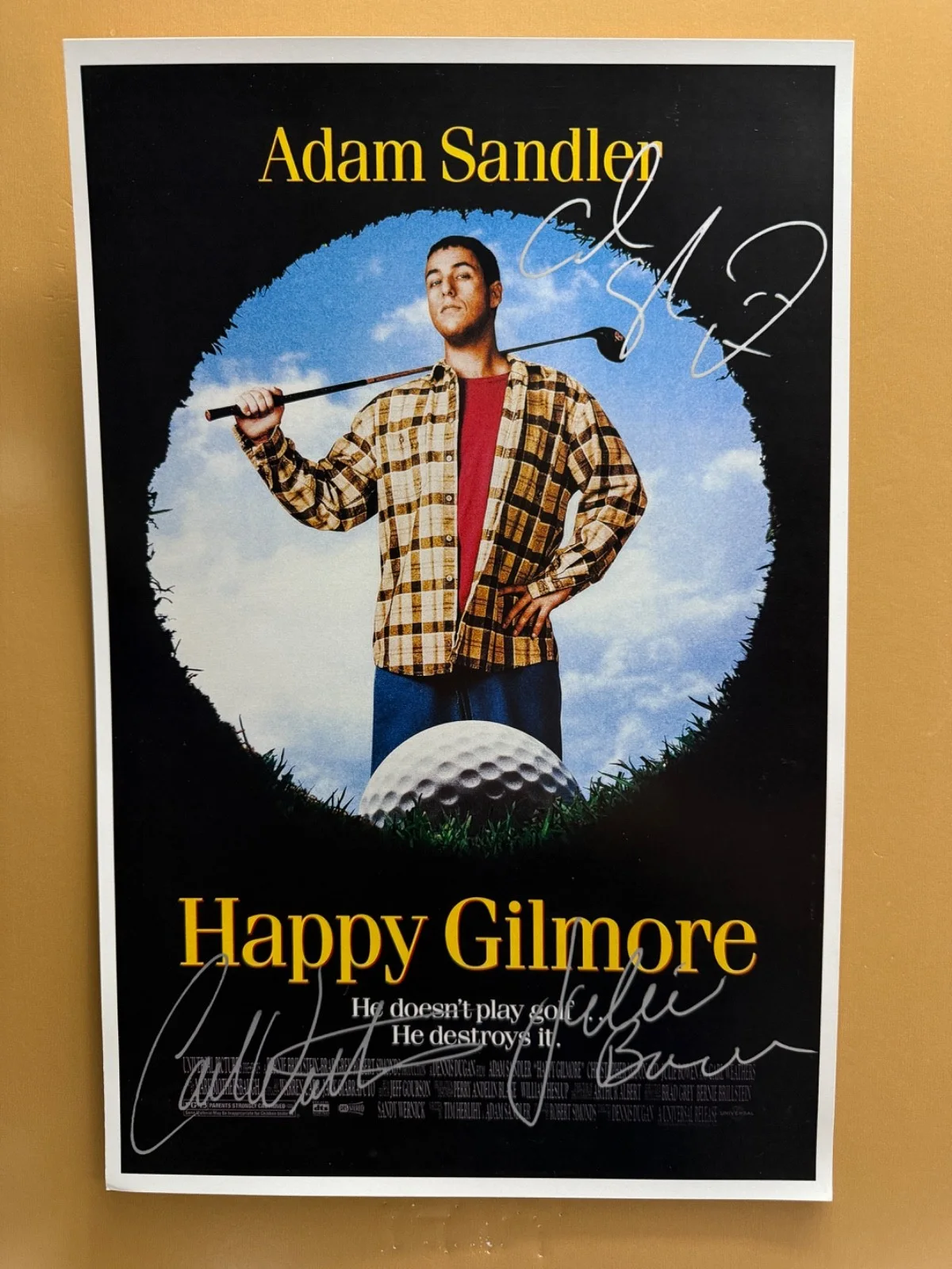Adam Sandler, Carl Weathers, Julie Bowen — SIGNED HAPPY GILMORE 11x17 Movie Poster COA by 3 of the actors - Shipped FREE