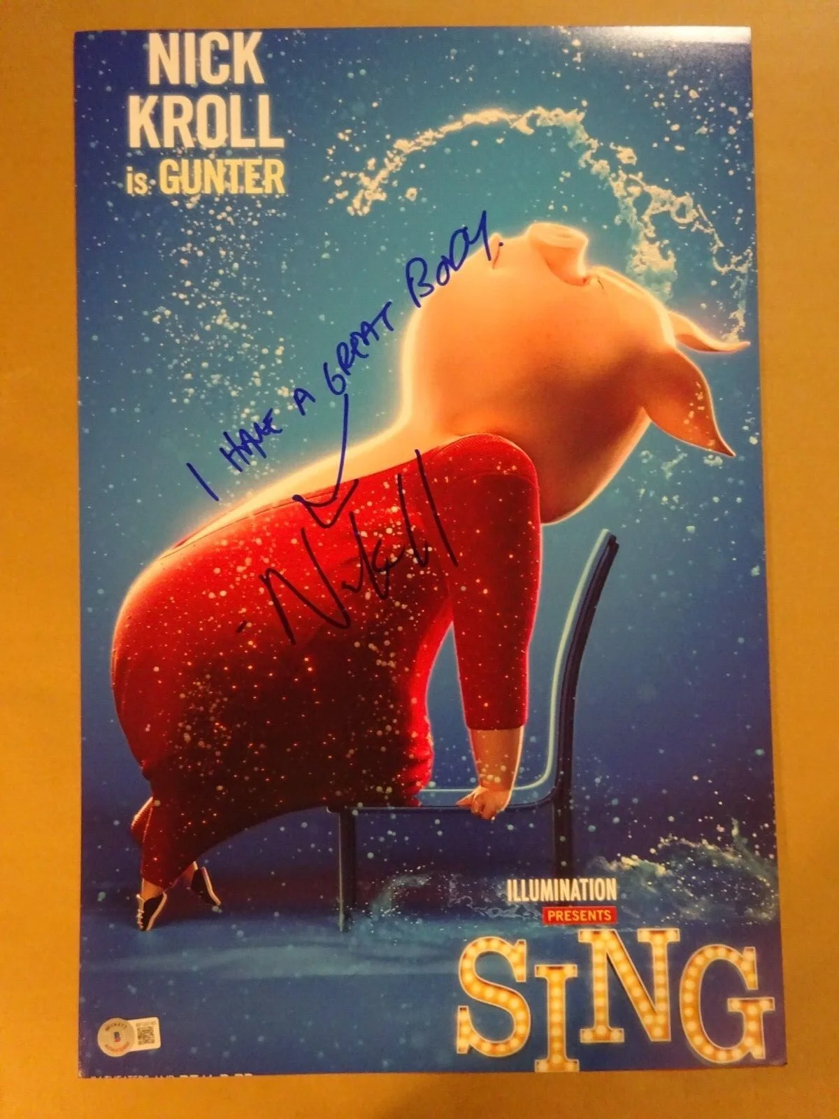 Nick Kroll — Signed NICK KROLL Autographed SING "Gunter" 12"x18" Photo Beckett BAS COA