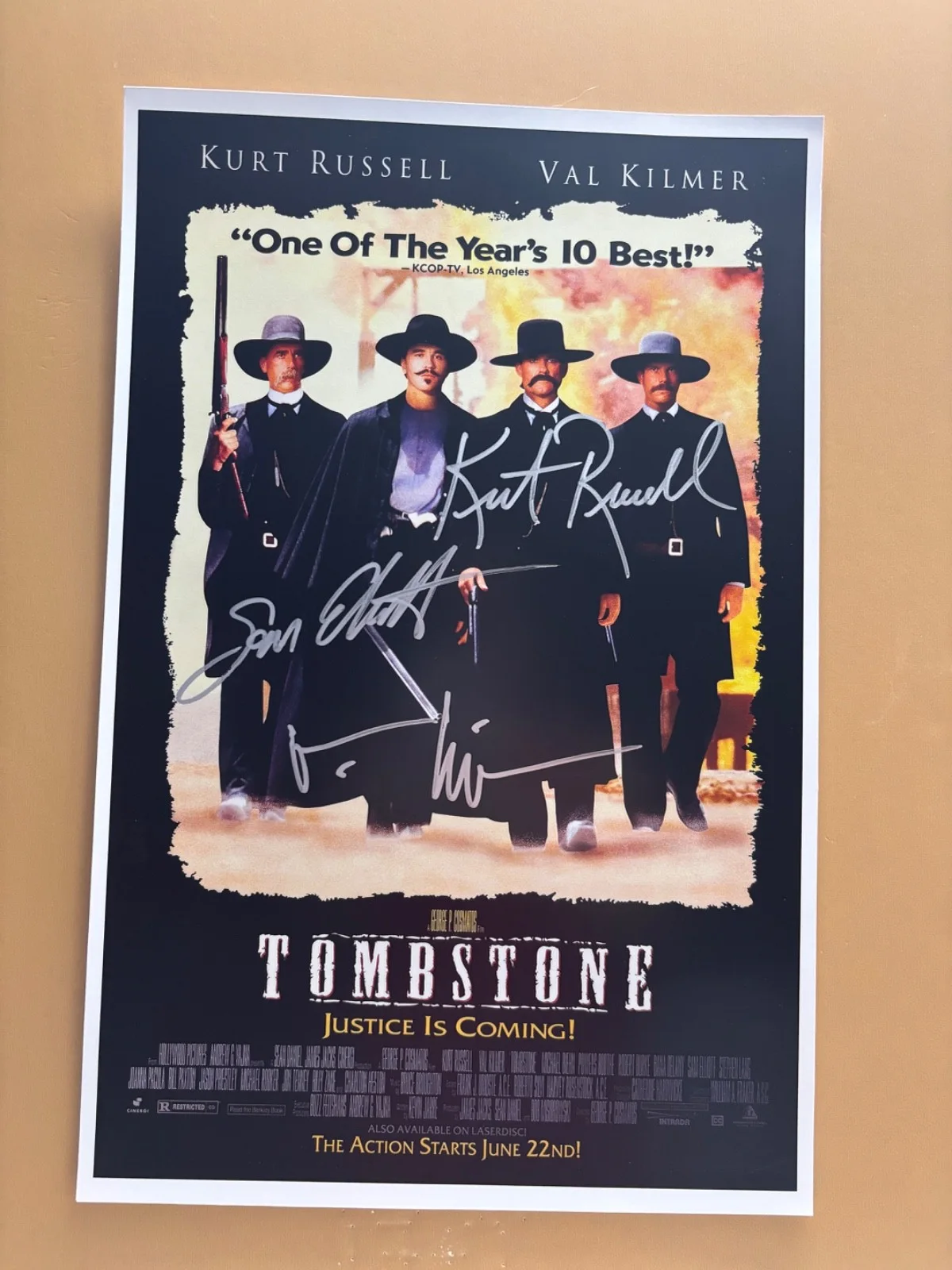 Val Kilmer, Sam Elliott, Kurt Russell — SIGNED TOMBSTONE 11x17 Movie Poster COA by 3 of the actors - Shipped FREE