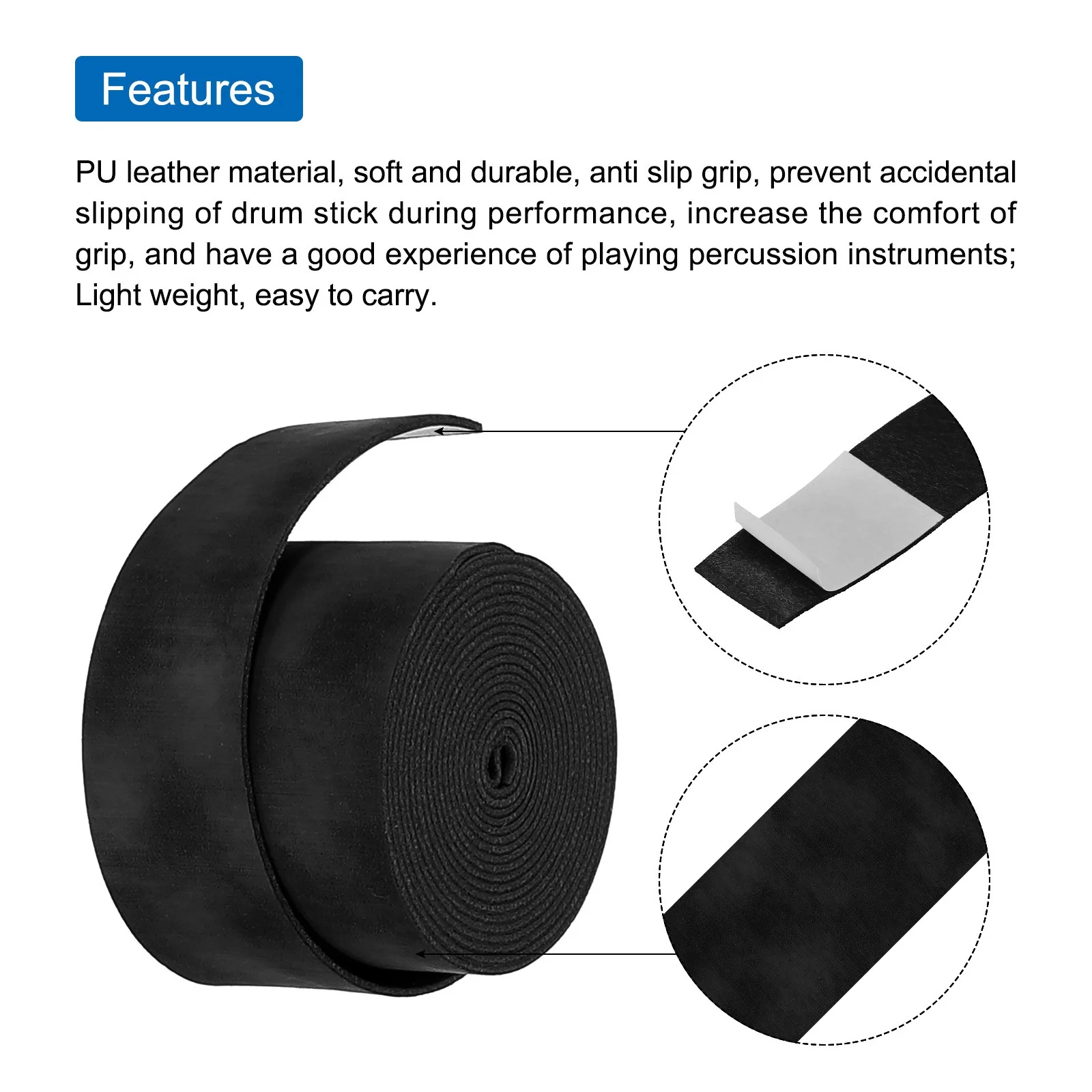 2pcs Drum Stick Tape Drumstick Grips Anti Slip 1" Width 43" Black, image 4