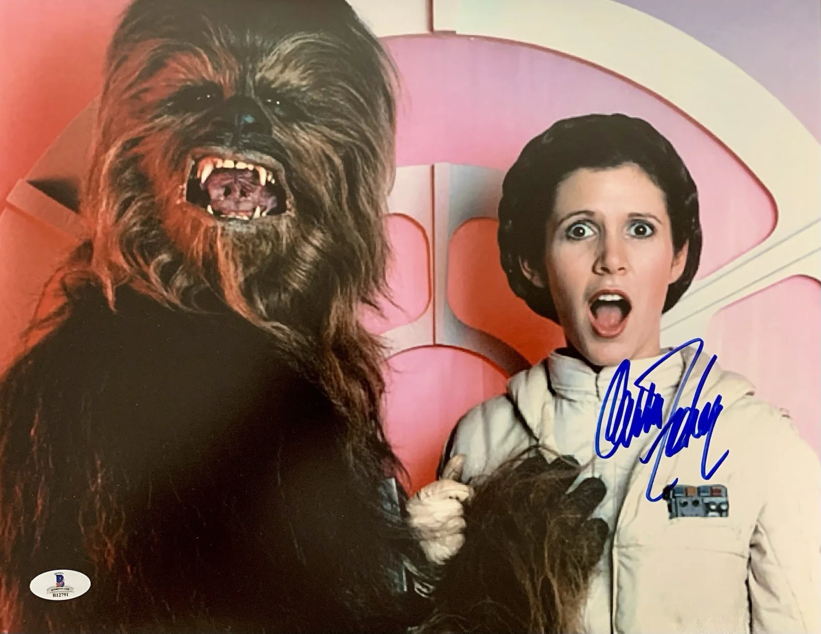 Carrie Fisher — Carrie Fisher Behind the Scenes with Chewy Signed 11x14 Photo - Beckett B12791