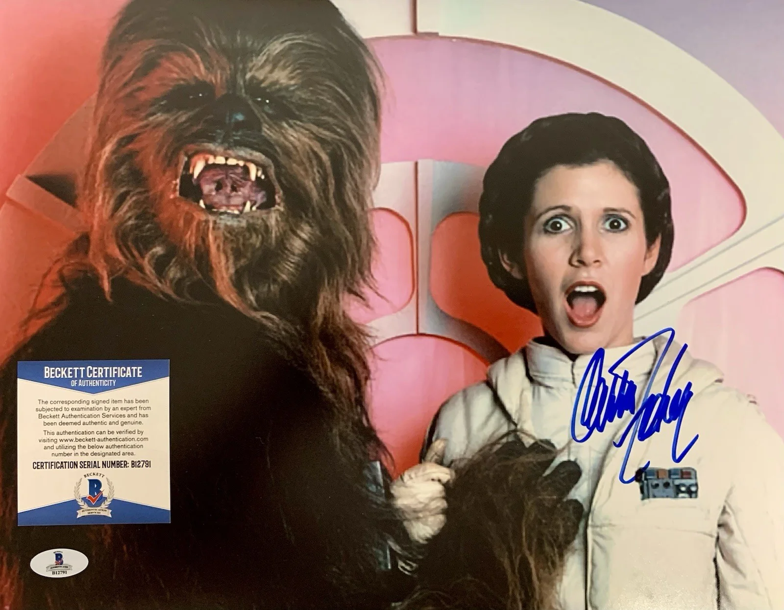 Carrie Fisher — Carrie Fisher Behind the Scenes with Chewy Signed 11x14 Photo - Beckett B12791, изображение 2