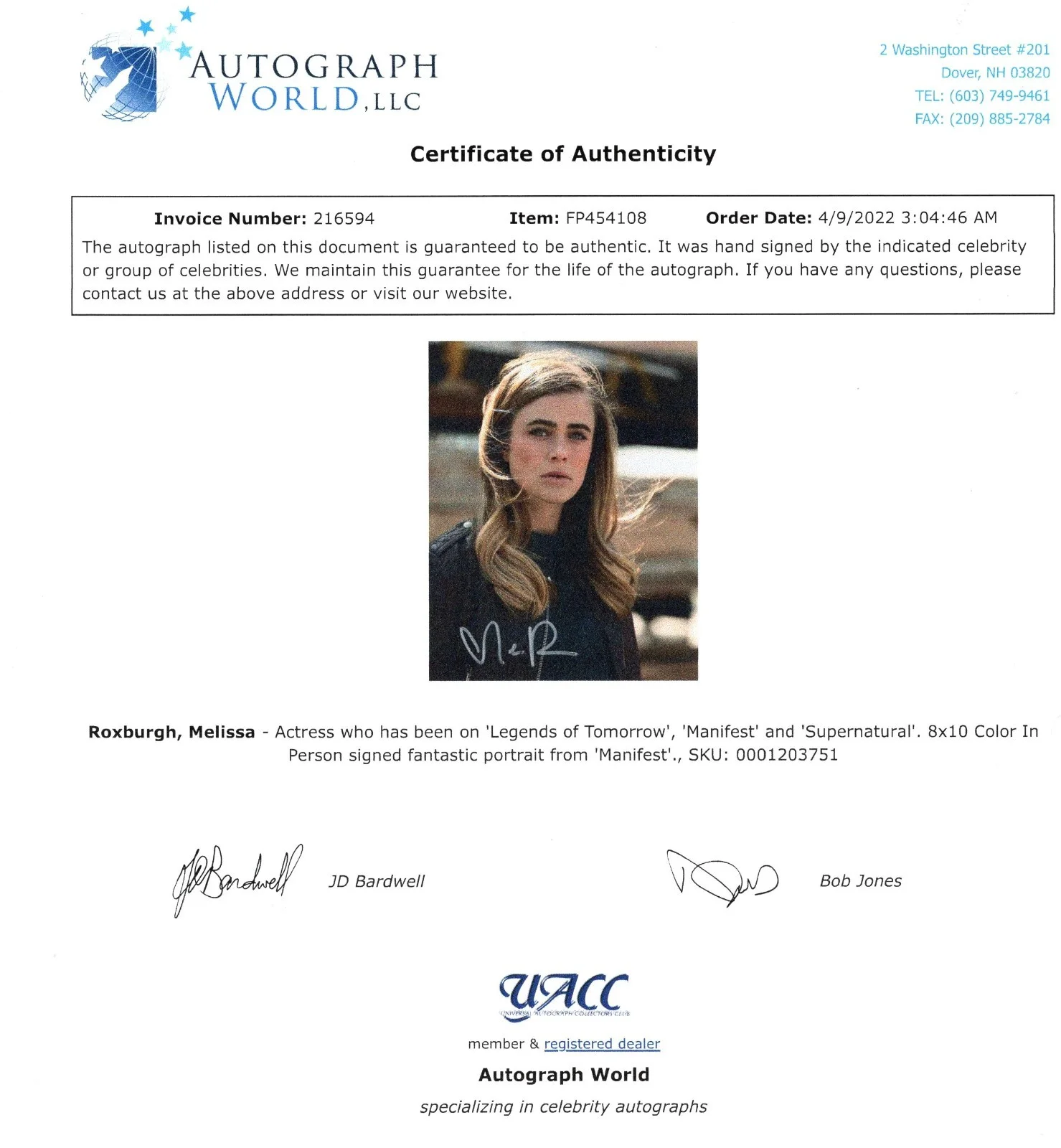 Melissa Roxburgh — AUTOGRAPHED 8X10 SIGNED BY MELISSA ROXBURGH STARS IN THE HUNTING PARTY UACC COA, изображение 2