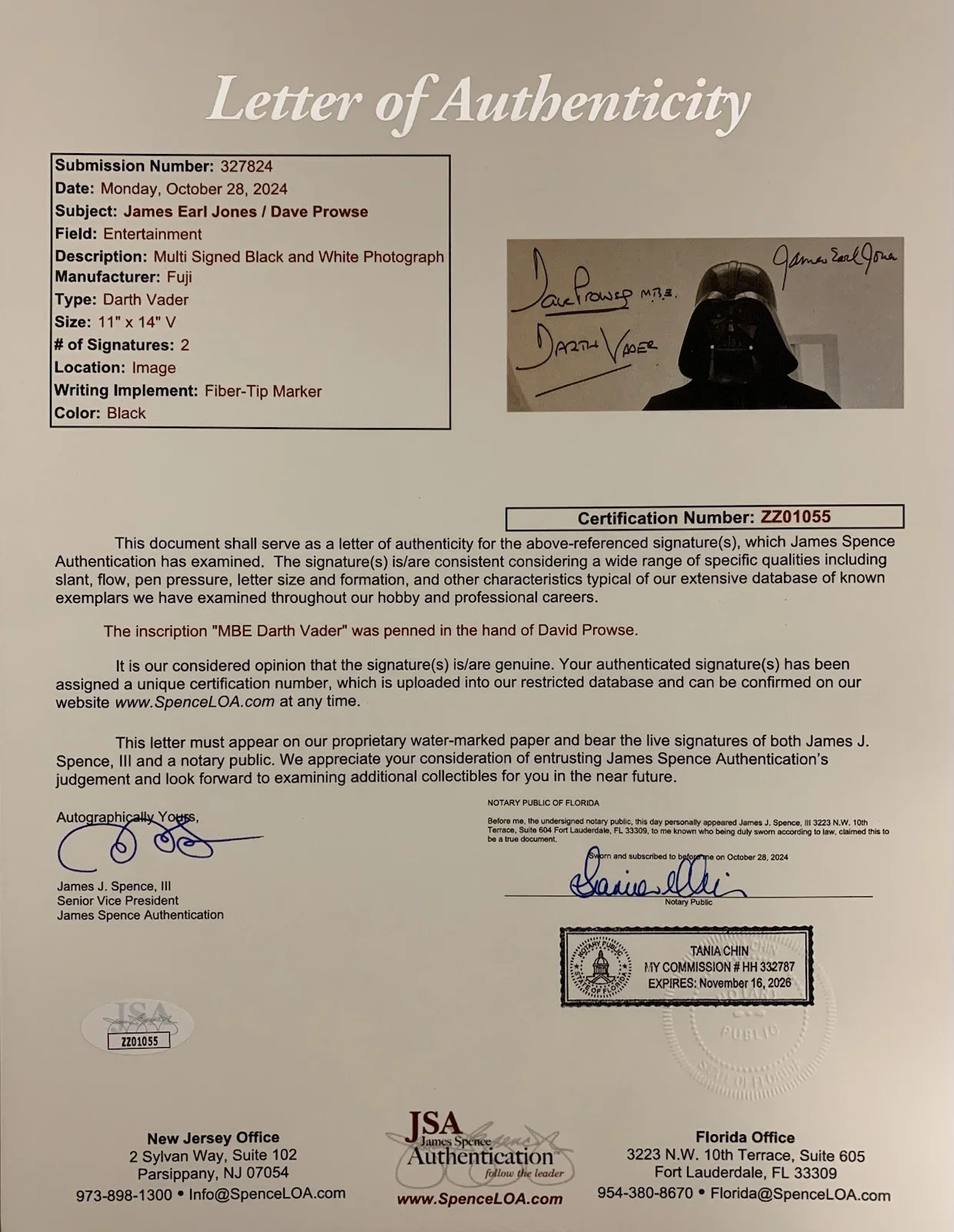Dave Prowse, James Earl Jones — Dave Prowse & James Earl Jones Star Wars Signed 11x14 OPX Photo-JSA LOA ZZ01055, изображение 2
