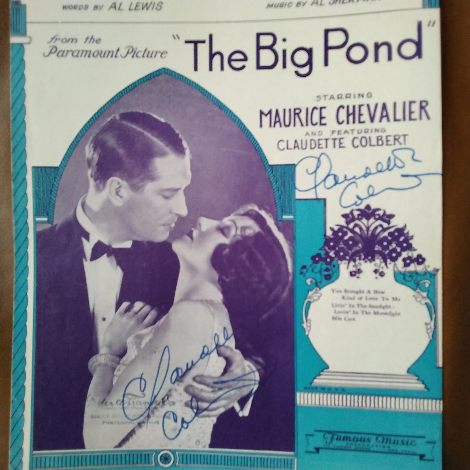Claudette Colbert Signed 1930 Music Sheet Movie Actress Big Pond Chevalier COA, изображение 2
