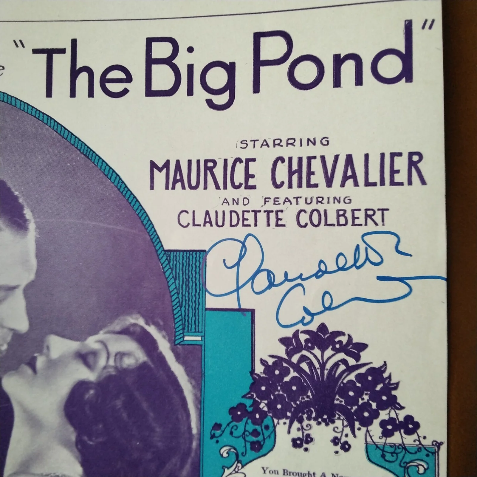 Claudette Colbert Signed 1930 Music Sheet Movie Actress Big Pond Chevalier COA, изображение 3