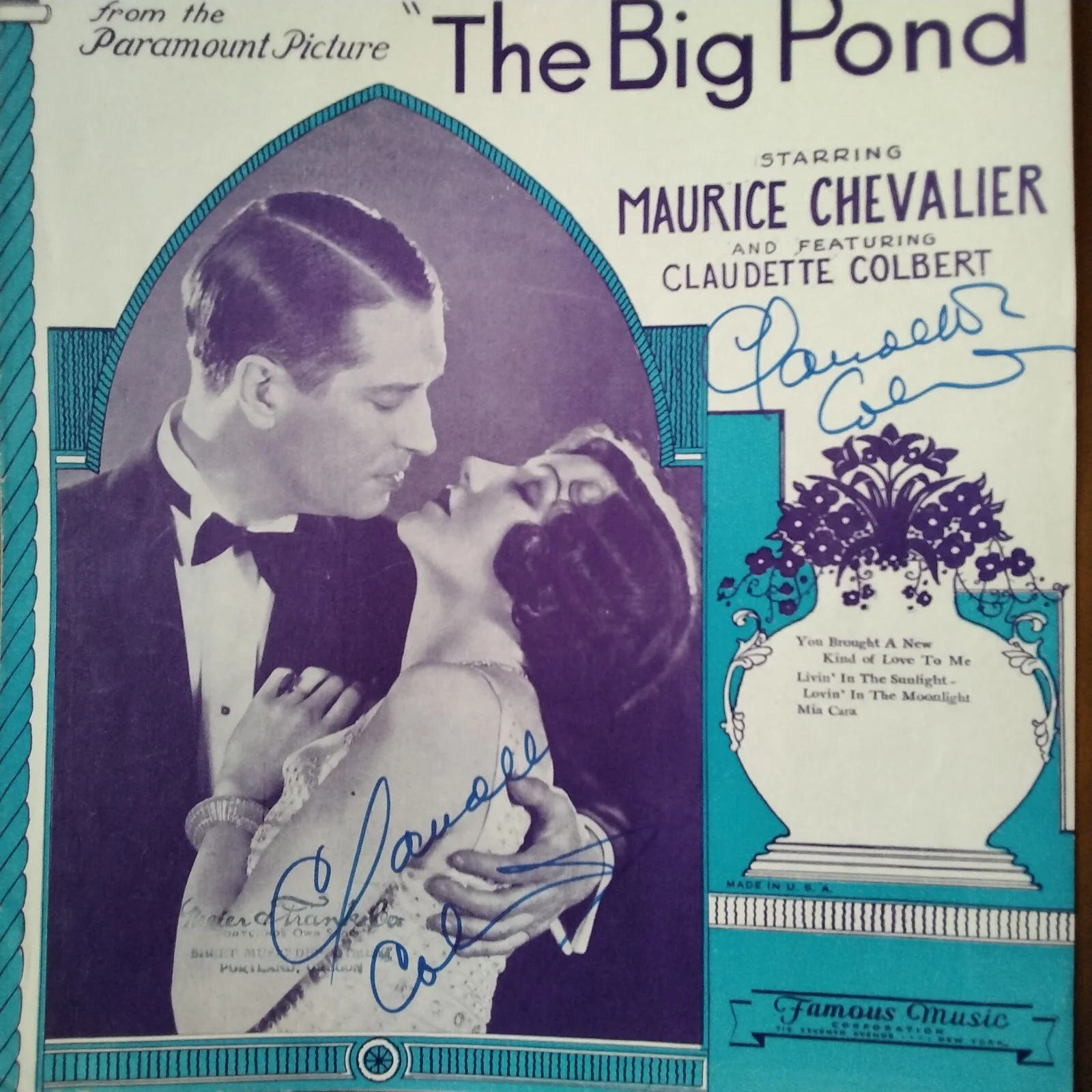 Claudette Colbert Signed 1930 Music Sheet Movie Actress Big Pond Chevalier COA, изображение 5
