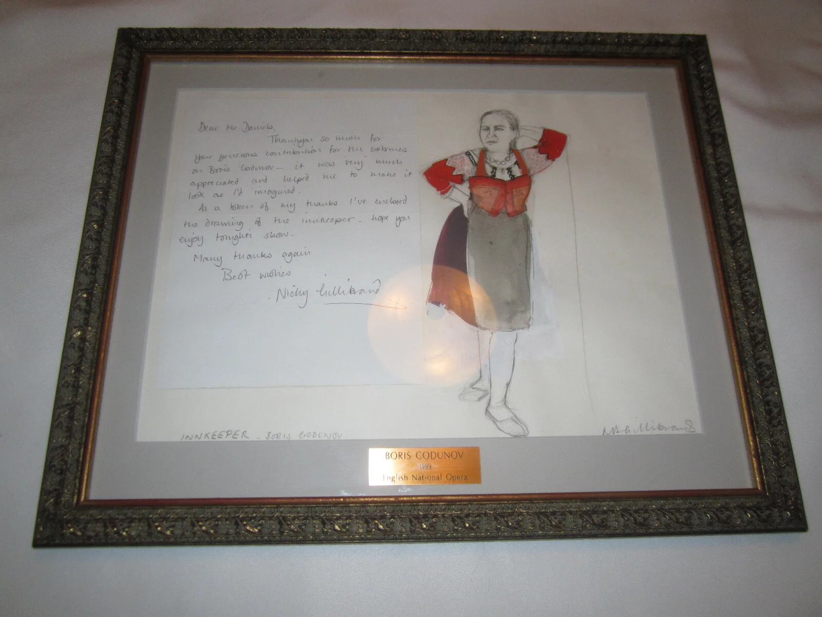 Nicky Gillibrand Costume Designer Sketch Boris Godunov Inkeeper w/Letter Signed, изображение 2