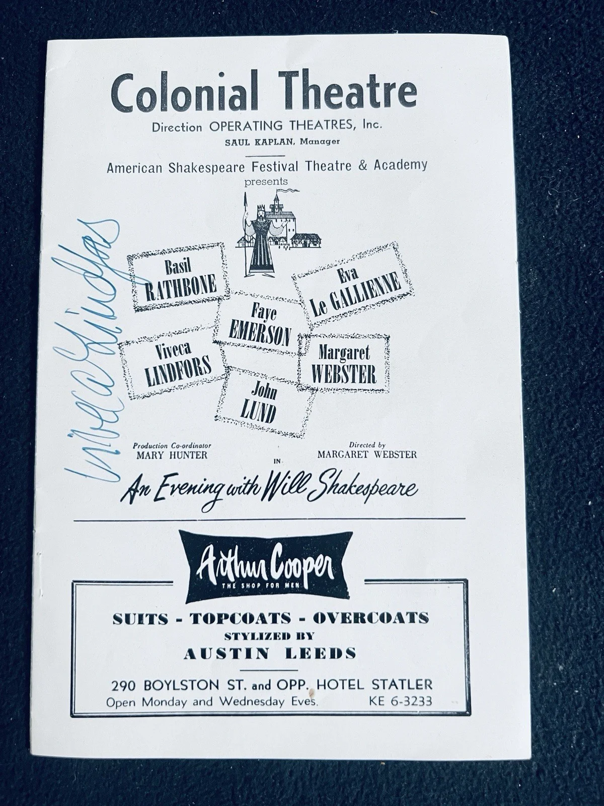 Viveca Lindfors — Creepshow actress VIVECA LINDFORS signed playbill (+ two) Colonial Theatre 1953
