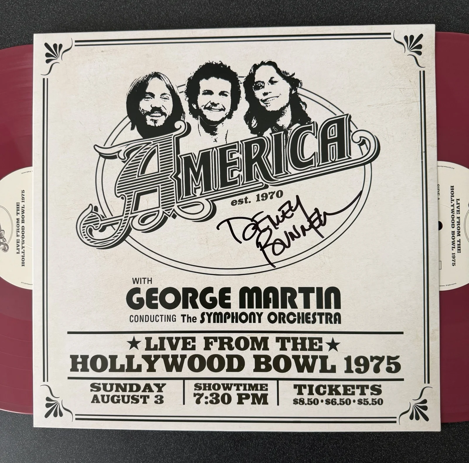 DEWEY BUNNELL SIGNED AMERICA LIVE AT THE HOLLYWOOD BOWL VINYL RECORD LP JSA COA, image 2