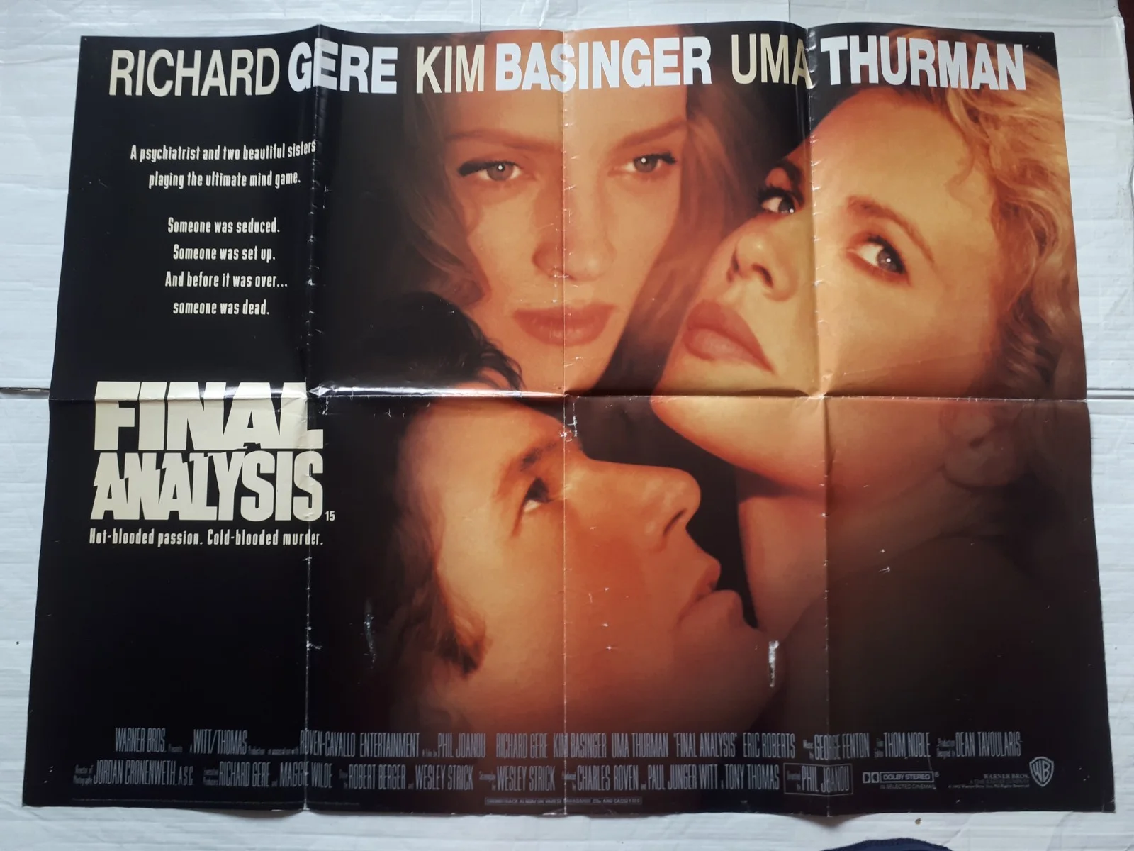 final analysis 1992 ORIGINAL Poster uk Quad 30x40 1990s uma thurman kim basinger, изображение 2