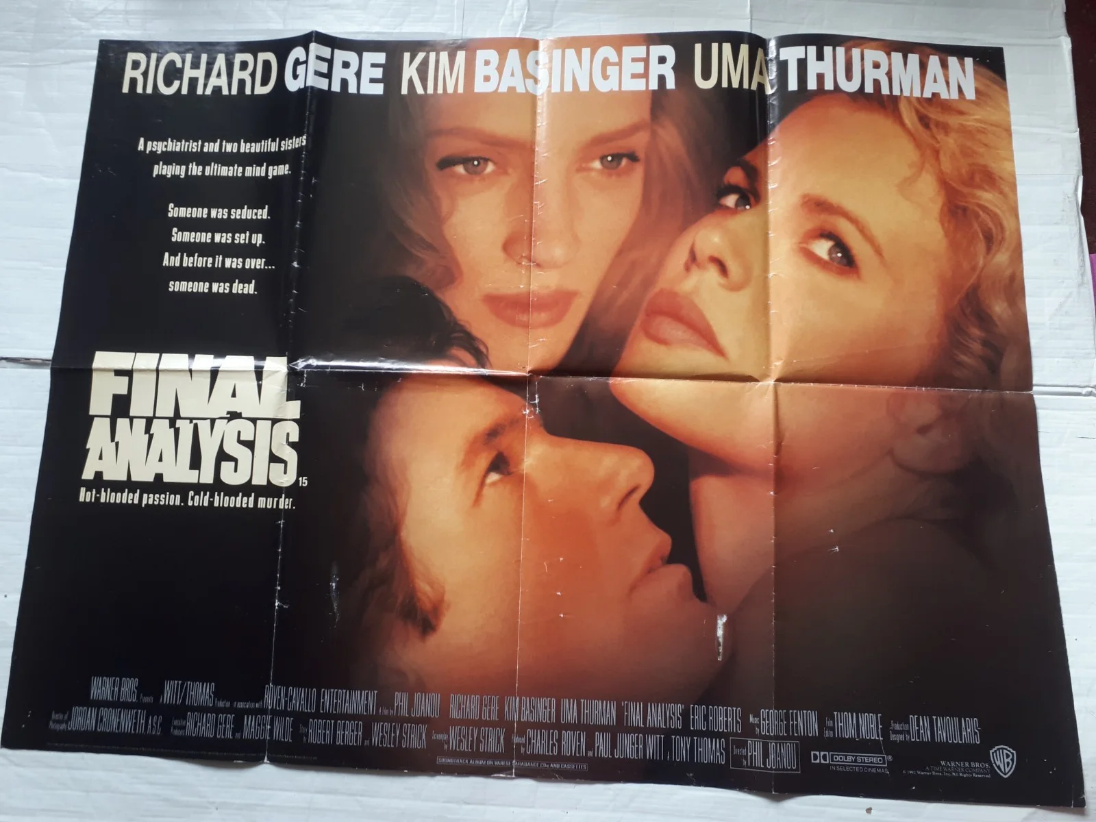 final analysis 1992 ORIGINAL Poster uk Quad 30x40 1990s uma thurman kim basinger, изображение 3