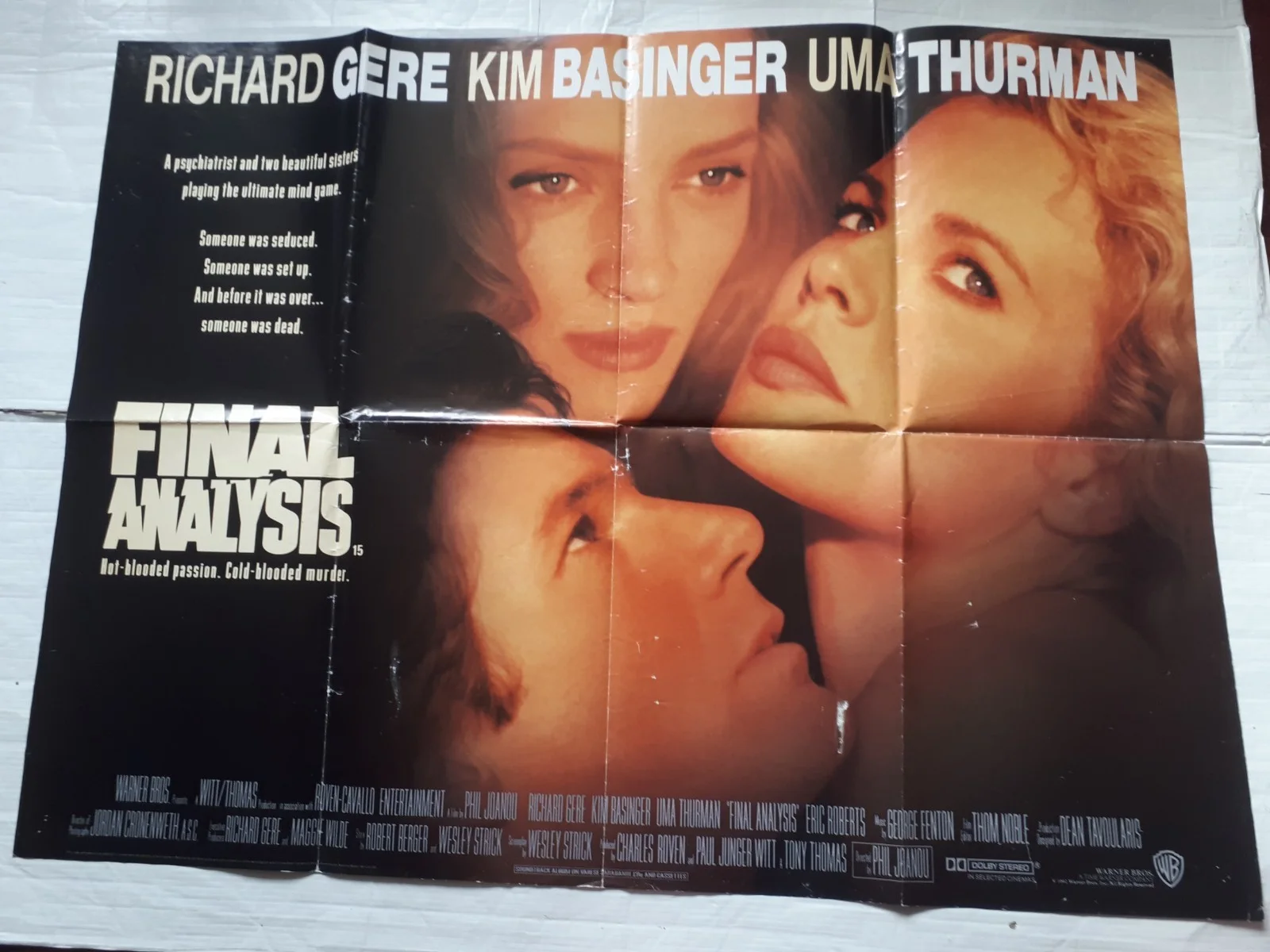 final analysis 1992 ORIGINAL Poster uk Quad 30x40 1990s uma thurman kim basinger, изображение 4