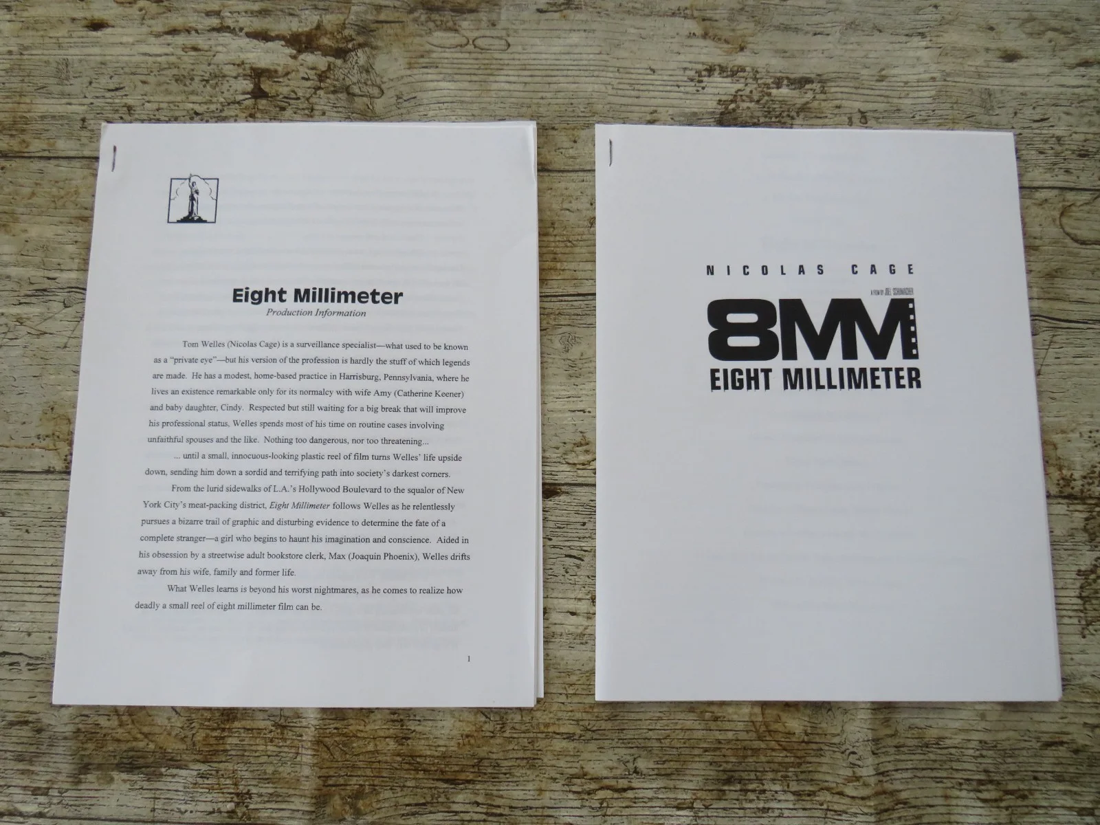 8MM ORIGINAL 1999 CINEMA FILM MOVIE PRESS KIT 8 PHOTOS / PROD INFO Nicolas Cage, изображение 3