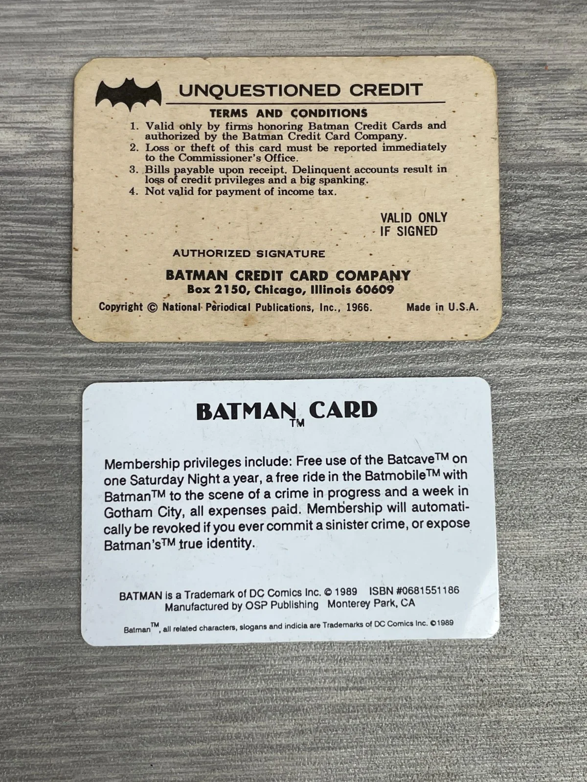 Vintage Rare 1966 Cardboard Batman Credit Card & Plastic 1989 Card, image 2