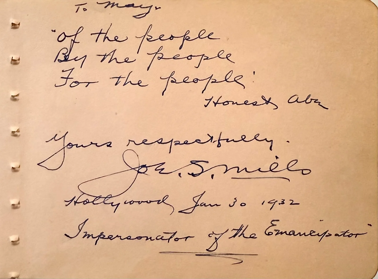 Joseph Mills — JOSEPH MILLS Autographed Signed ALBUM PAGE The Dramatic Life of Abraham Lincoln, изображение 3