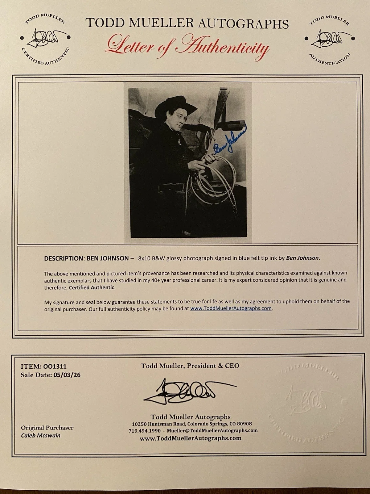 Ben Johnson — Ben Johnson Signed Autographed Photo With COA Shane The Wild Bunch One Eyed Jack, image 4